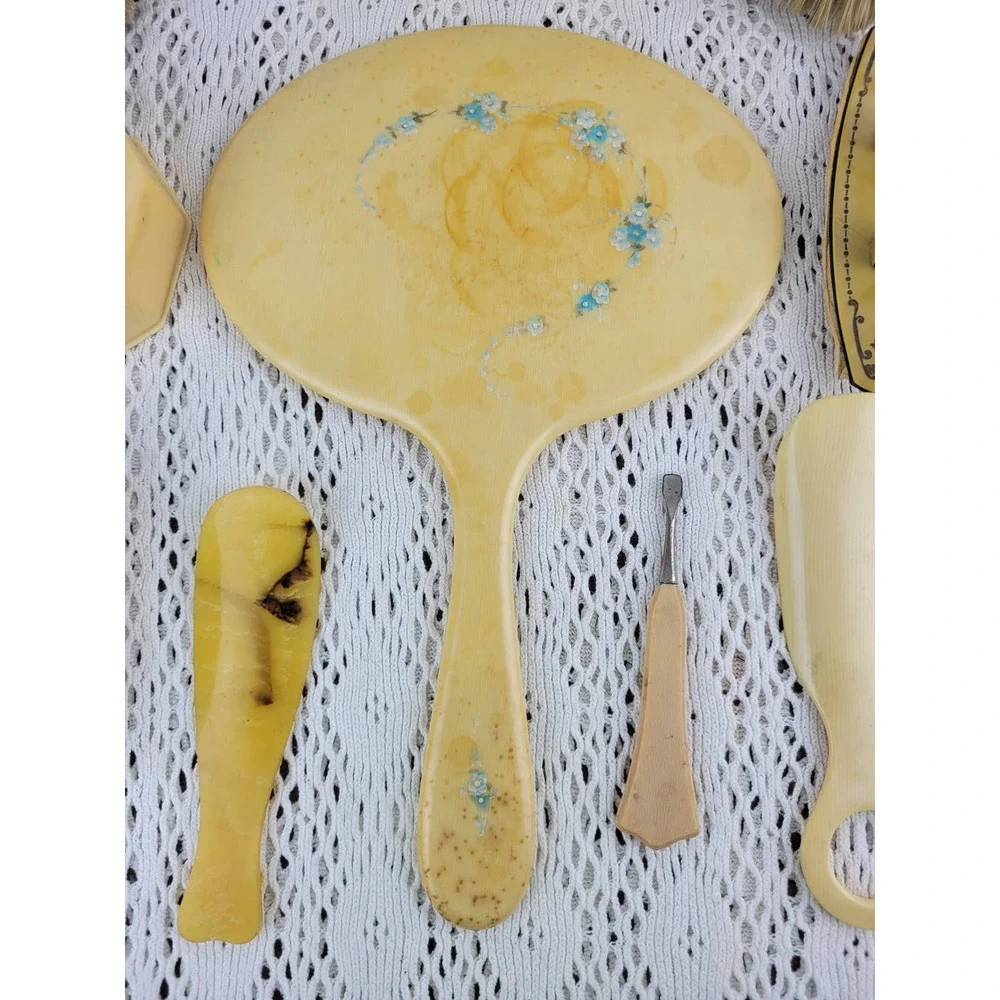 Vintage Celluloid or Pyralin Brush Frame Mirror Shoe Horn Nail Vanity Set of 11